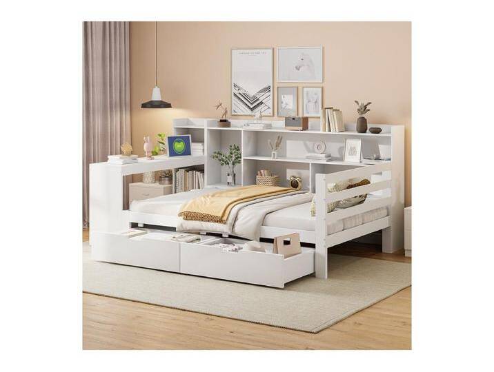 Massivholz Schlafsofa 90x200cm - mit Schreibtisch - Bücherregal + Regal - mit Steckdose - mit 2 großen Schubladen - weiß (ohne Matratze) von Kauf-Unique Marketplace