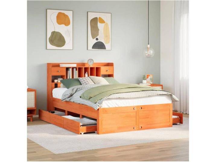 Massivholzbett mit Regal ohne Matratze Wachsbraun 140x190 cm von Kauf-Unique Marketplace
