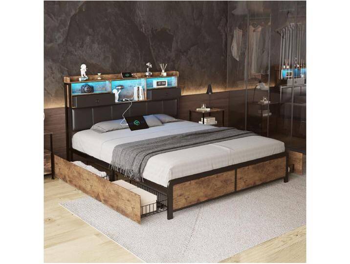Metall-Doppelbett 140x200cm, Jugendbett mit LED und Ablage, Stauraumbett mit 4 Schubladen, Schwarz Metall-Doppelbett 140x200cm, Jugendbett mit LED und Ablage, Stauraumbett mit 4 Schubladen, Schwarz von Kauf-Unique Marketplace