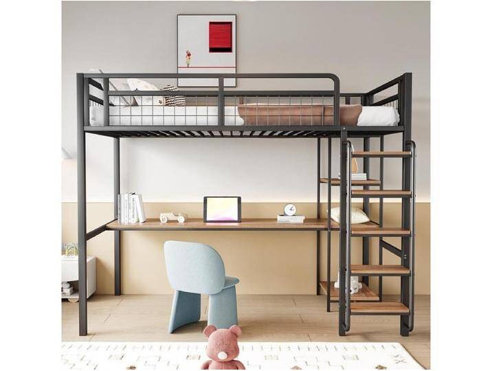 Metall-Hochbett, 90*200 cm, Sicherheitsleiter mit Stufen, Einzelbett mit Tisch und Regal, Metall-Sicherheitsgitter,schwarz Metall-Hochbett, 90*200 cm, Sicherheitsleiter mit Stufen, Einzelbett mit Tisch und Regal, Metall-Sicherheitsgitter,schwarz von Kauf-Unique Marketplace