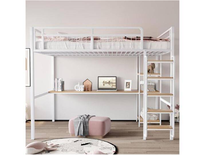 Metall-Hochbett 140*200 cm, Sicherheitsleiter mit Treppe, Kinderbett mit Tisch und Regalen, Sicherheitsgitter aus Metall, weiß Metall-Hochbett 140*200 cm, Sicherheitsleiter mit Treppe, Kinderbett mit Tisch und Regalen, Sicherheitsgitter aus Metall, weiß von Kauf-Unique Marketplace