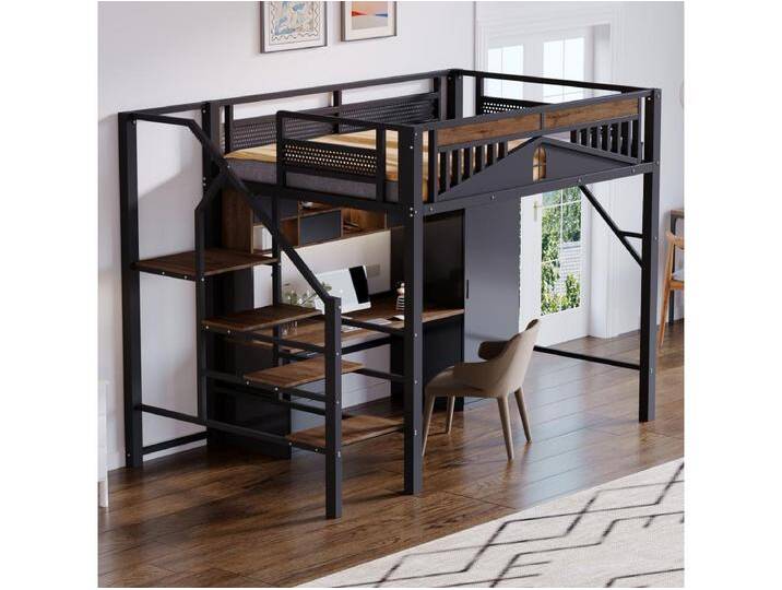 Metall-Hochbett - 140 x 200 cm - mit Absturzsicherung + Sicherheitsleiter - Holz + Metall - schwarz von Kauf-Unique Marketplace