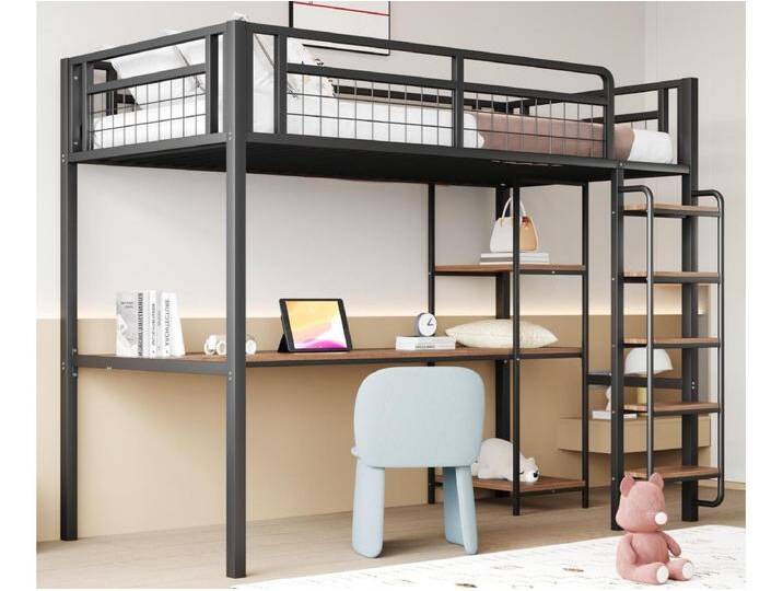 Metall-Hochbett 90x200 cm - mit Schreibtisch und Sicherheitsleiter - Schwarz von Kauf-Unique Marketplace