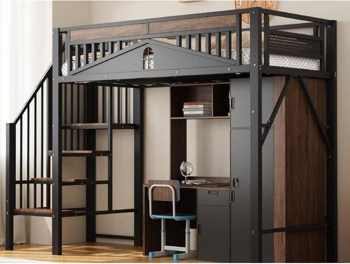 Metall-Hochbett 90×200 cm - mit Sicherheitsleiter - schwarz (Matratze nicht enthalten) von Kauf-Unique Marketplace