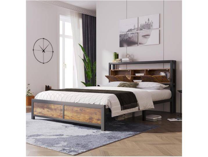 Metallbett 140 x 200 cm mit Stauraum-Kopfteil – Industriestil – Schwarz von Kauf-Unique Marketplace