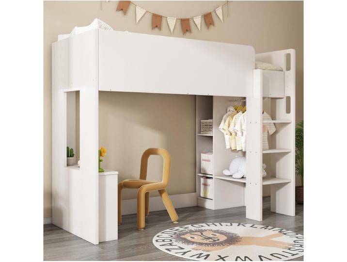 Mezzanine Bett 90 x 200 cm mit Büro, Nischen, Garderobe, Regalen und Treppen - Partikelplatte - Weiß von Kauf-Unique Marketplace