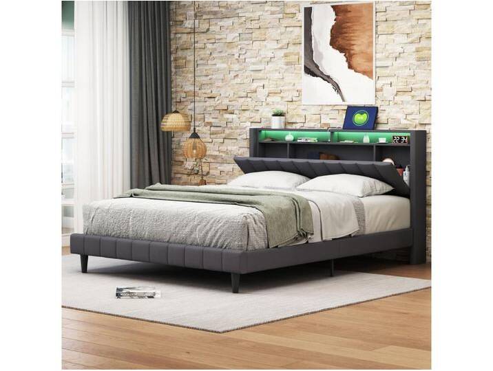 Mit Leinen gepolstertes Doppelbett mit USB- und LED-Licht – 160 x 200 cm – Lattenrost mit Stauraum im Kopfteil und Lattenrost – Grau von Kauf-Unique Marketplace