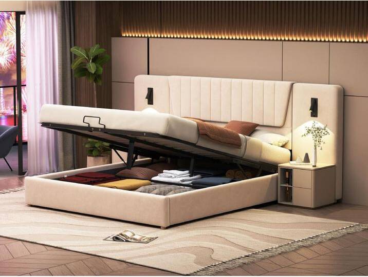 Mit Samt gepolstertes Stauraumbett – 180 x 200 cm – mit Leselampen und Ladeanschluss – Beige von Kauf-Unique Marketplace