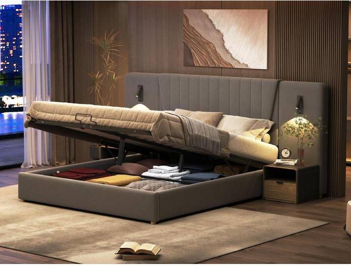 Mit Samt gepolstertes Stauraumbett – 180 x 200 cm – mit Leselampen und Ladeanschluss – Grau von Kauf-Unique Marketplace