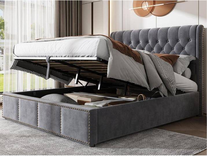Mit Samt gepolstertes Stauraumbett – verziert mit Nieten – mit Lattenrost – 140 x 200 cm – Grau von Kauf-Unique Marketplace