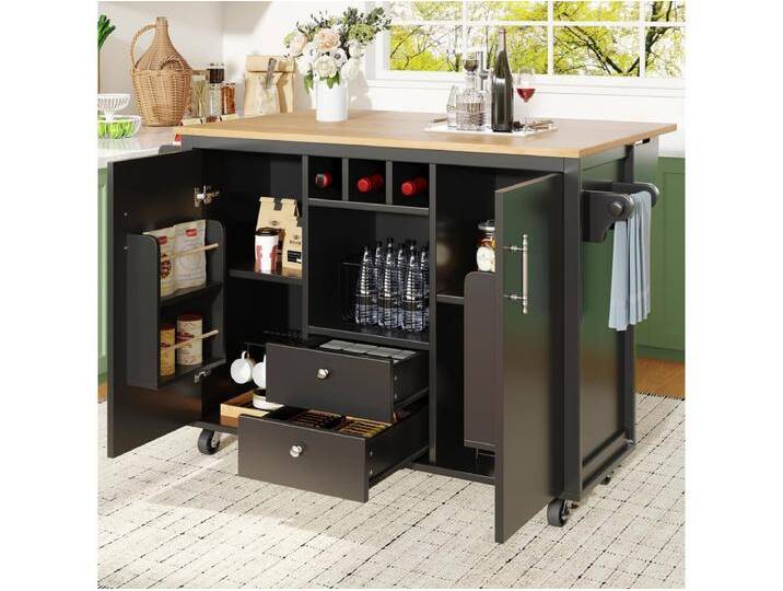 Mittelinsel auf Rädern - 137,9 x 45/73 x 92 cm - Klappdeckel + 2 Schubladen + Weinregal - MDF + Metall - Schwarz von Kauf-Unique Marketplace