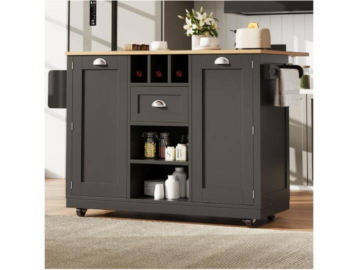 Mittelinsel auf Rädern - 140 x 40 x 93,5 - mit Arbeitsplatte + 2 Türen + 1 Schublade + Weinregal - MDF - Schwarz von Kauf-Unique Marketplace