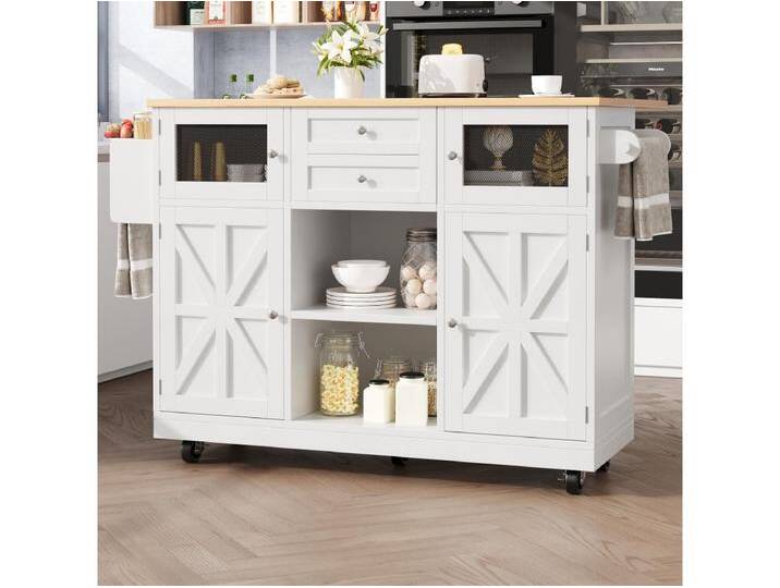 Mittelinsel auf Rollen - 140 x 40 x 93,5 cm - mit Arbeitsplatte + 2 Türen + 2 Schubladen - MDF - weiß von Kauf-Unique Marketplace