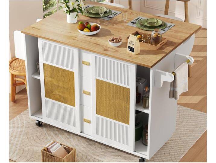 Mobile Kücheninsel 146,85×70×90 cm - 3 Schubladen und 2 Türen - ausziehbare Arbeitsplatte - weiß Mobile Kücheninsel 146,85×70×90 cm - 3 Schubladen und 2 Türen - ausziehbare Arbeitsplatte - weiß von Kauf-Unique Marketplace