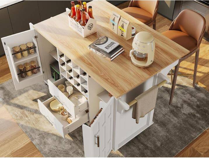 Mobile Kücheninsel - Ausziehbarer Arbeitsplatte - 2 Schubladen & 2 Türen mit Regalen - mit Handtuchhalter - MDF - weiß + natur von Kauf-Unique Marketplace