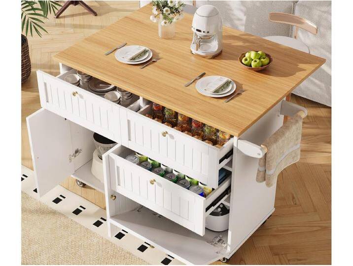 Mobile Kücheninsel - ausziehbare Arbeitsplatte - 3 Schubladen und 2 Türen - 1 Klapptür - mit Handtuchhalter - MDF - weiß + natur von Kauf-Unique Marketplace