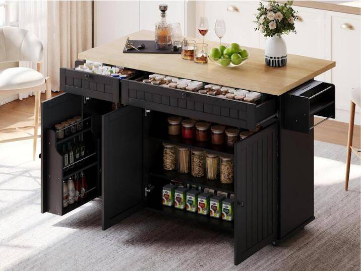 Mobile Kücheninsel - ausziehbarer Arbeitsplatte - mit verriegelbaren Rollen - mit 2 Schubladen und 3 Türen - MDF - Schwarz Mobile Kücheninsel - ausziehbarer Arbeitsplatte - mit verriegelbaren Rollen - mit 2 Schubladen und 3 Türen - MDF - Schwarz von Kauf-Unique Marketplace