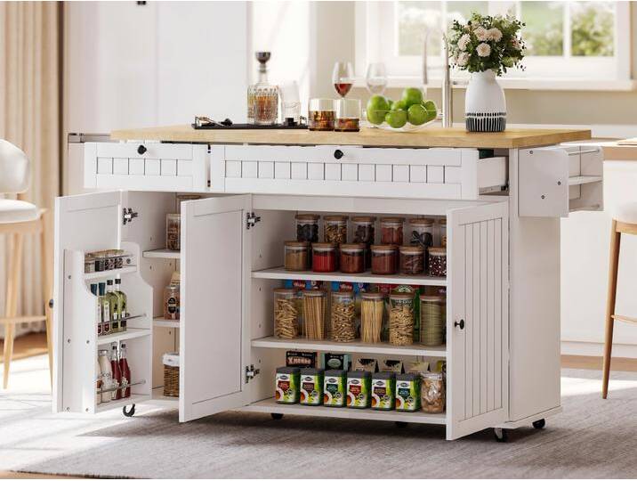 Mobile Kücheninsel - ausziehbarer Arbeitsplatte - mit verriegelbaren Rollen - mit 2 Schubladen und 3 Türen - MDF - Weiß Mobile Kücheninsel - ausziehbarer Arbeitsplatte - mit verriegelbaren Rollen - mit 2 Schubladen und 3 Türen - MDF - Weiß von Kauf-Unique Marketplace