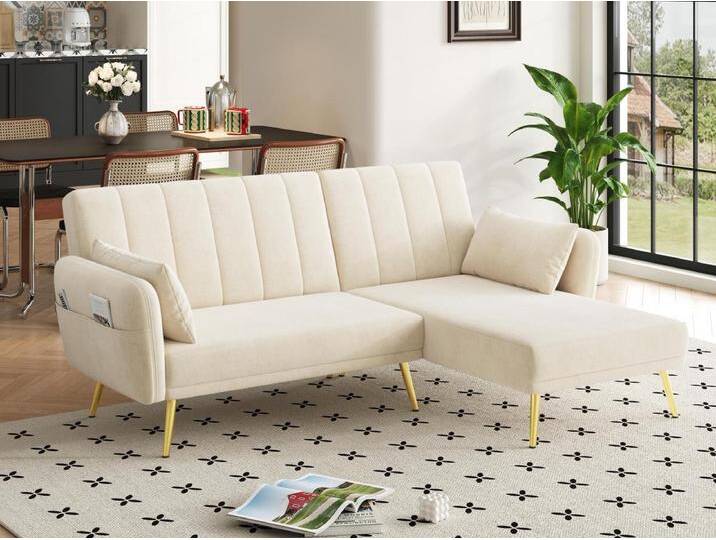 Moderne Klappcouch - L-Form Couch - Schlafsofa mit Zusatzecke - beige von Kauf-Unique Marketplace