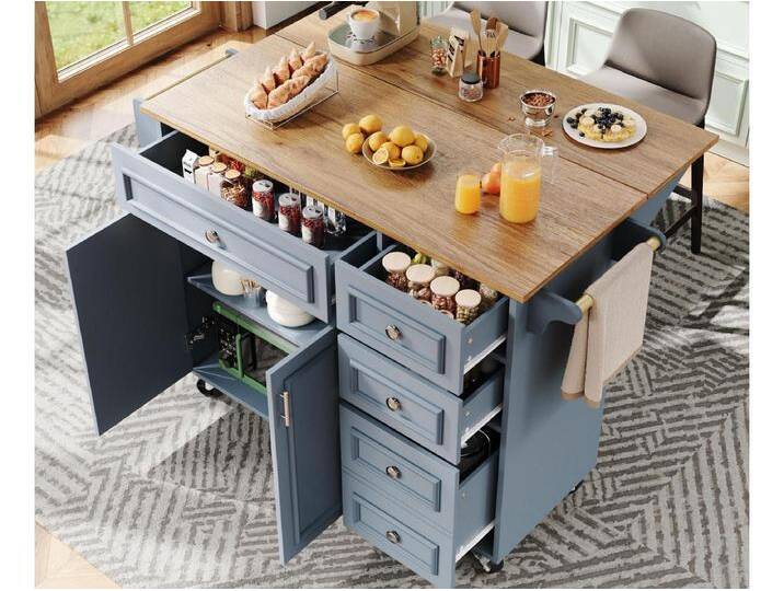 Moderne Kücheninsel 130×45×92 cm - mit 5 Schubladen und 2 Türen - ausziehbarer Arbeitsplatte - mit Rollen - blau von Kauf-Unique Marketplace