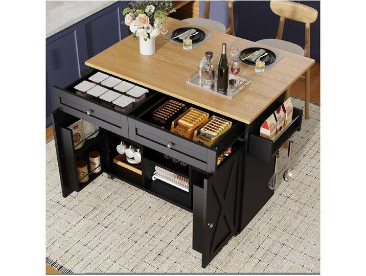 Moderne Kücheninsel - 134 x 45,2/75 x 89 cm - mit Rollen + 2 Türen + 2 Schubladen - MDF + Metall - schwarz von Kauf-Unique Marketplace