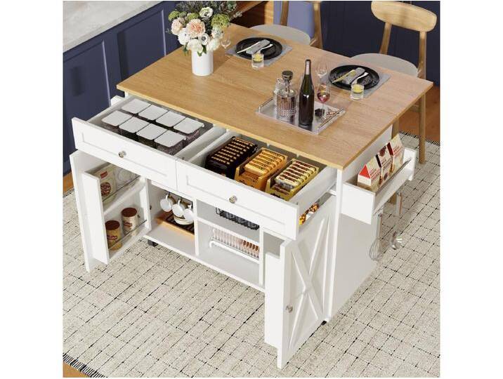 Moderne Kücheninsel – 134 x 45,2/75 x 89 cm – mit Rollen + 2 Türen + 2 Schubladen – MDF + Metall – weiß von Kauf-Unique Marketplace