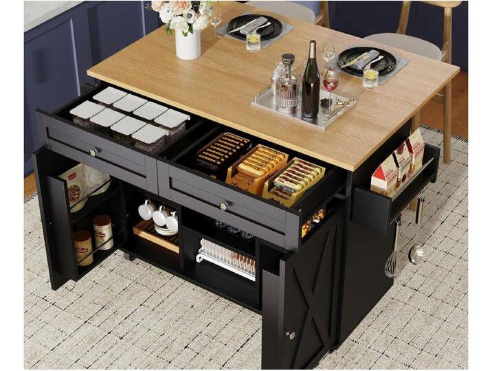 Moderne Kücheninsel 134×45,2×89 cm - 2 Schubladen und 2 Türen - ausziehbare Arbeitsplatte - mit Rollen - schwarz Moderne Kücheninsel 134×45,2×89 cm - 2 Schubladen und 2 Türen - ausziehbare Arbeitsplatte - mit Rollen - schwarz von Kauf-Unique Marketplace