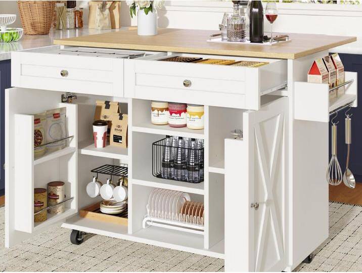 Moderne Kücheninsel 134×45,2×89 cm - 2 Schubladen und 2 Türen - ausziehbare Arbeitsplatte - mit Rollen - weiß von Kauf-Unique Marketplace