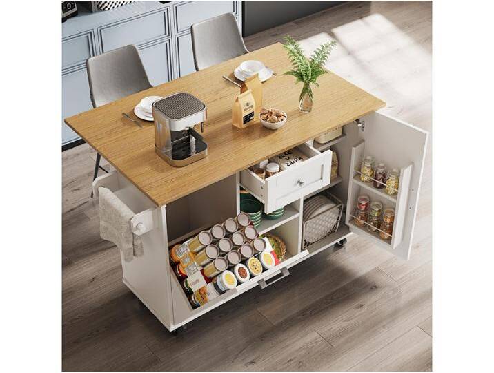 Moderne Kücheninsel - 142 x 63 x 87 cm - mit Rollen + ausziehbaren Schränken + 1 Schublade - MDF - weiß von Kauf-Unique Marketplace