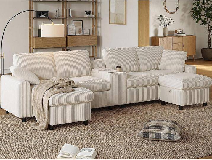 Moderne U-förmige Ecksofa - mit USB und Type-C - mit 2 Hocker mit Staufunktion - mit 2 Getränkehaltern - Rippensamt - Beige Moderne U-förmige Ecksofa - mit USB und Type-C - mit 2 Hocker mit Staufunktion - mit 2 Getränkehaltern - Rippensamt - Beige von Kauf-Unique Marketplace