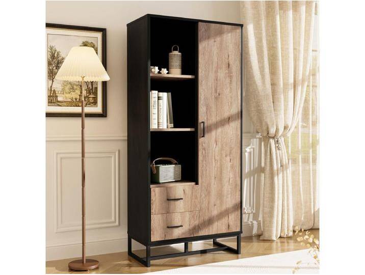 Moderne Vitrine für das Wohnzimmer 80x40x180 cm - schwarze Struktur - mit 1 Tür - 2 Schubladen - 3 offene Fächer - schwarz + natur Moderne Vitrine für das Wohnzimmer 80x40x180 cm - schwarze Struktur - mit 1 Tür - 2 Schubladen - 3 offene Fächer - schwarz + natur von Kauf-Unique Marketplace