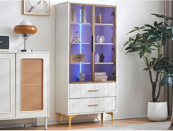Moderne Vitrine mit LED-Leuchten und herausnehmbaren Einlegeböden – H 150 cm – 2 Glastüren und 2 Schubladen – Weiß Moderne Vitrine mit LED-Leuchten und herausnehmbaren Einlegeböden – H 150 cm – 2 Glastüren und 2 Schubladen – Weiß von Kauf-Unique Marketplace