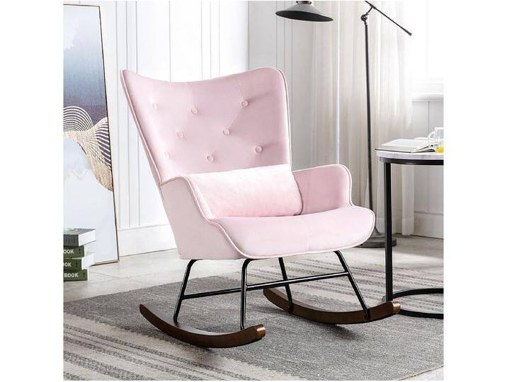 Moderner Plüsch-Schaukelstuhl für das Wohnzimmer, Schaukelstuhl mit hoher Rückenlehne und Holzbeinen, Rosa von Kauf-Unique Marketplace