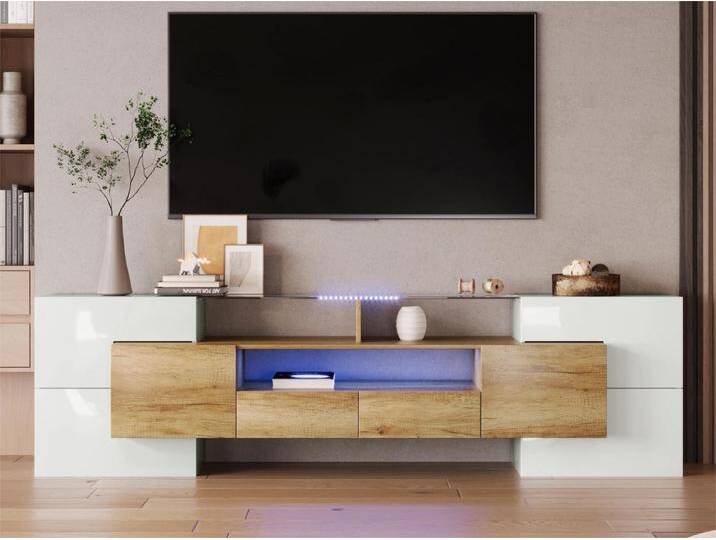 Moderner TV-Schrank mit 4 Türen, 2 Schubladen und 2 Nischen – glänzend weiße Optik – LEDs – Länge 200 cm – Eichenfarbe von Kauf-Unique Marketplace
