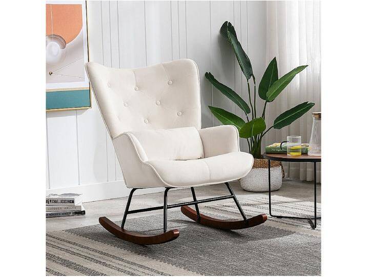 Moderner gepolsterter Schaukelstuhl aus Samt für das Wohnzimmer, hochlehnender Schaukelstuhl mit Holzbeinen, Beige Moderner gepolsterter Schaukelstuhl aus Samt für das Wohnzimmer, hochlehnender Schaukelstuhl mit Holzbeinen, Beige von Kauf-Unique Marketplace