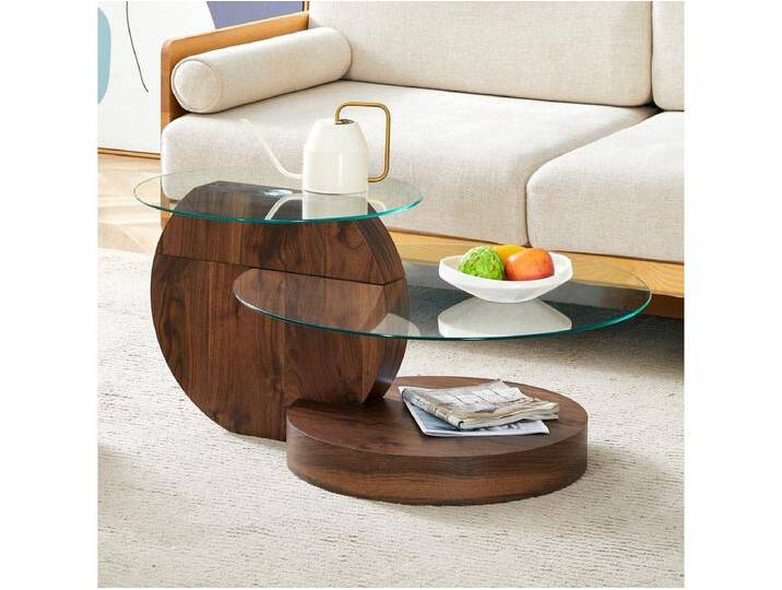 Moderner runder Couchtisch – Couchtisch mit Glasplatte und mehrschichtigem Design – dunkles holz – für das wohnzimmer von Kauf-Unique Marketplace