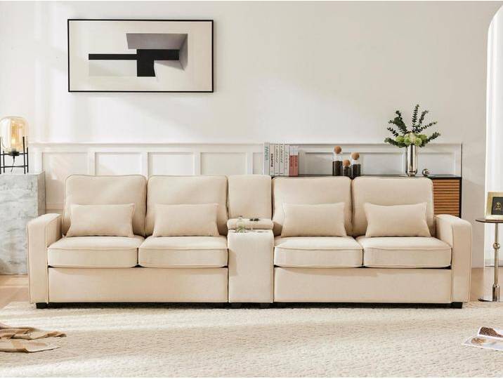 Modernes 4-Sitzer-Sofa aus Leinenstoff – mit USB-Anschlüssen und 2 Getränkehaltern – Beige von Kauf-Unique Marketplace