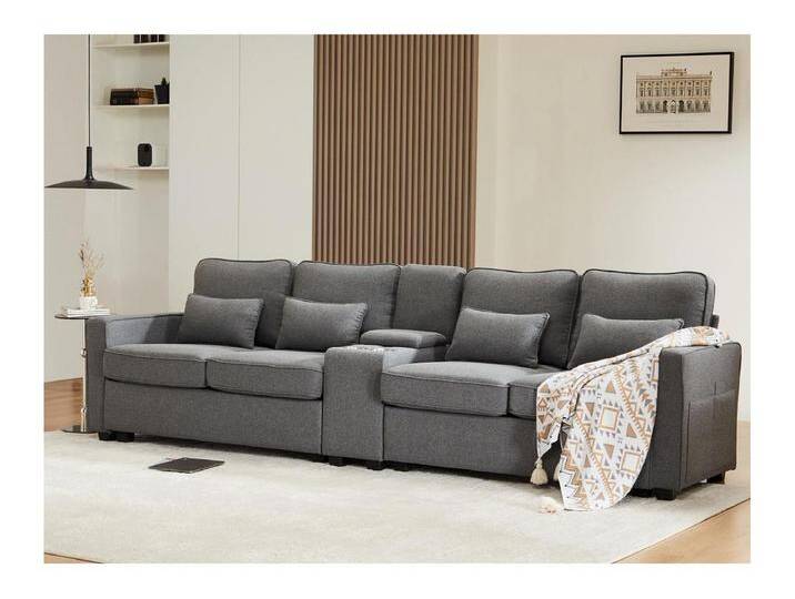 Modernes 4-Sitzer-Sofa aus Leinenstoff – mit USB-Anschlüssen und 2 Getränkehaltern – Grau von Kauf-Unique Marketplace