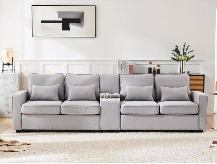 Modernes 4-Sitzer-Sofa aus Leinenstoff – mit USB-Anschlüssen und 2 Getränkehaltern – Hellgrau von Kauf-Unique Marketplace
