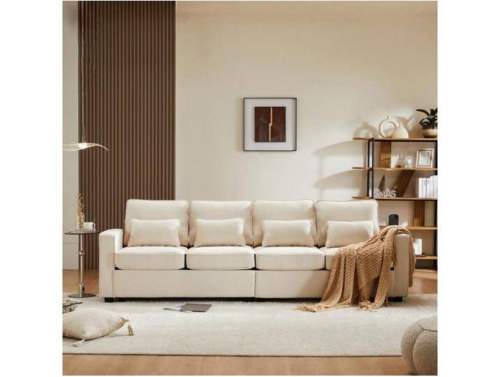 Modernes 4-Sitzer-Sofa aus beigefarbenem Leinen mit Seitentaschen und 4 Kissen – für Wohnzimmer, Büro oder Wohnung von Kauf-Unique Marketplace