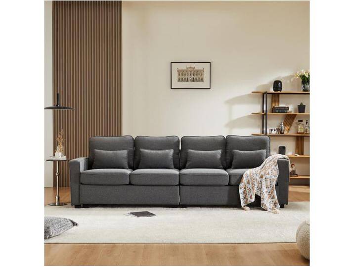 Modernes 4-Sitzer-Sofa aus dunkelgrauem Leinen mit Seitentaschen und 4 Kissen – für Wohnzimmer, Büro oder Wohnung von Kauf-Unique Marketplace