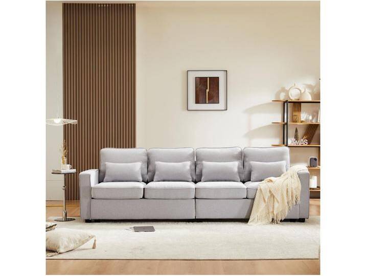 Modernes 4-Sitzer-Sofa aus hellgrauem Leinen mit Seitentaschen und 4 Kissen – für Wohnzimmer, Büro oder Wohnung von Kauf-Unique Marketplace