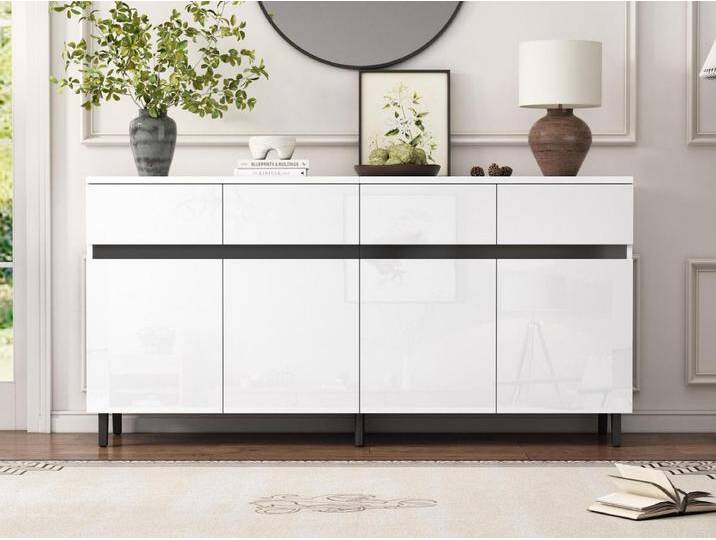 Modernes Hochglanz-Sideboard – 4 Türen mit 4 verstellbaren Einlegeböden und 4 Schubladen – Weiß von Kauf-Unique Marketplace