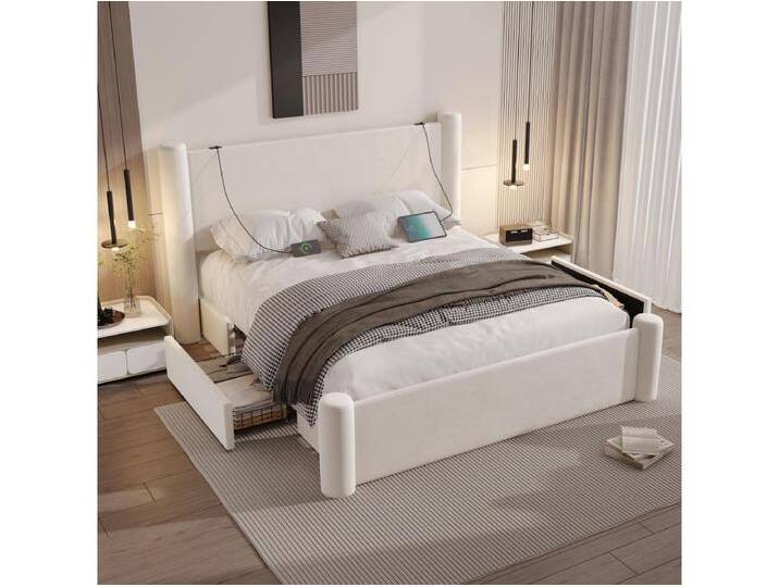 Modernes Polsterbett - 140 x 200 cm - dickes Kopfteil + 2 Schubladen + USB-Anschlüsse - Samt - Beige Modernes Polsterbett - 140 x 200 cm - dickes Kopfteil + 2 Schubladen + USB-Anschlüsse - Samt - Beige von Kauf-Unique Marketplace
