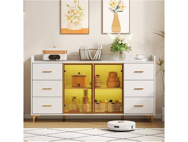 Modernes Sideboard - 160 x 44 x 87 cm - mit 6 Schubladen + 2 Glastüren + LEDs - MDF - weiß Modernes Sideboard - 160 x 44 x 87 cm - mit 6 Schubladen + 2 Glastüren + LEDs - MDF - weiß von Kauf-Unique Marketplace