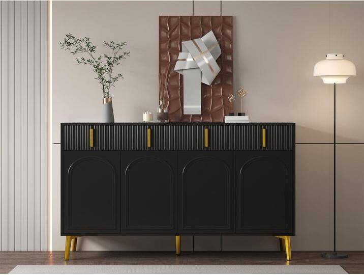 Modernes Sideboard – 2 Glastüren mit 4 Schubladen und verstellbaren Einlegeböden – Schwarz von Kauf-Unique Marketplace