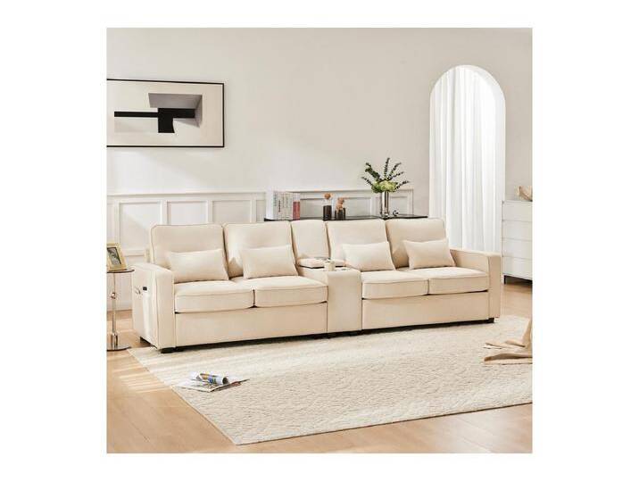 Modernes Sofa 4-Sitzer aus Leinenstoff - mit USB und Getränkehalter - 4 Kissen - 290x83x88cm - Beige von Kauf-Unique Marketplace