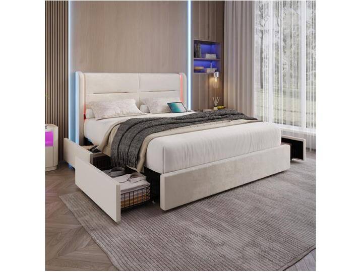 Modernes Stauraumbett - 160 x 200 cm - Kopfteil mit LEDs + 4 Schubladen + 2 USB - Samt - Beige Modernes Stauraumbett - 160 x 200 cm - Kopfteil mit LEDs + 4 Schubladen + 2 USB - Samt - Beige von Kauf-Unique Marketplace