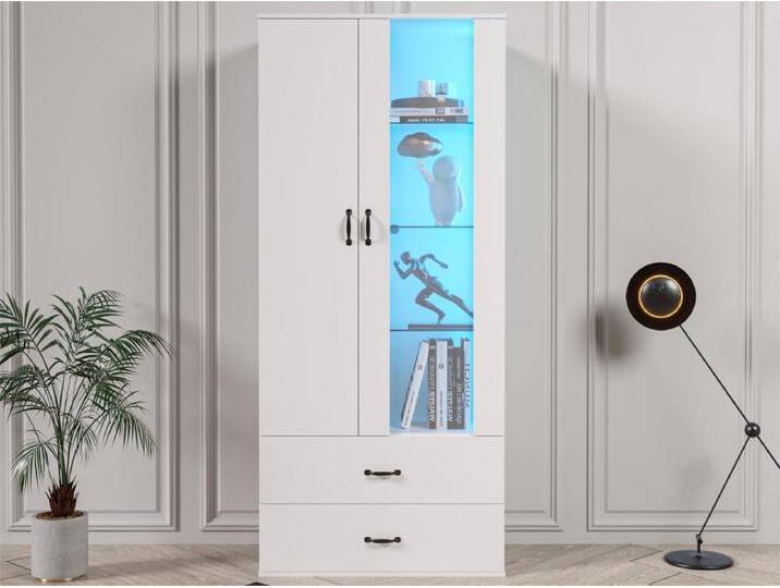 Modernes hohes Sideboard mit 2 Türen und 2 Schubladen – LEDs – Glas und Spanplatte – Weiß Modernes hohes Sideboard mit 2 Türen und 2 Schubladen – LEDs – Glas und Spanplatte – Weiß von Kauf-Unique Marketplace