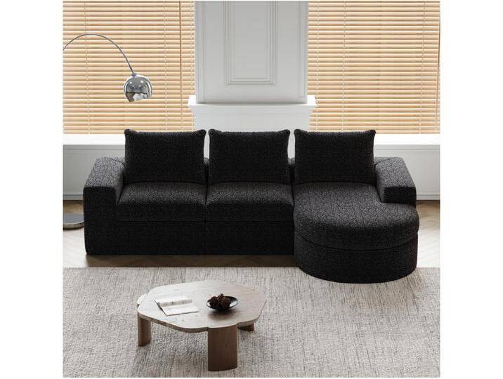 Modulares 3-Sitzer-Sofa aus schwarzer Chenille mit runder Chaiselongue - Gepolsterte Rückenlehne von Kauf-Unique Marketplace
